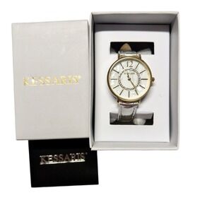 NIB Kessaris KES244ST Ladies Watch Gold Silver Leather Band Mother Of Pearl 34mm